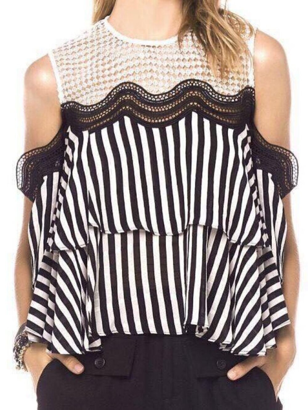 Gracia Lace Crochet Stripe Sleeveless Tiered Top